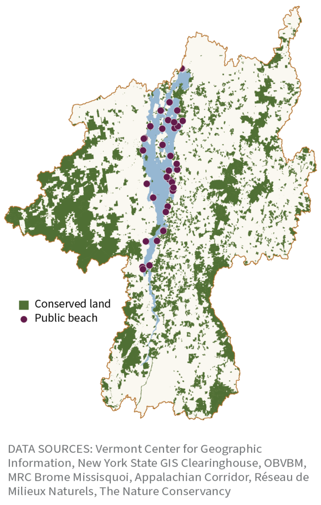 Figure: Public beaches on Lake Champlain and conserved lands in its watershed